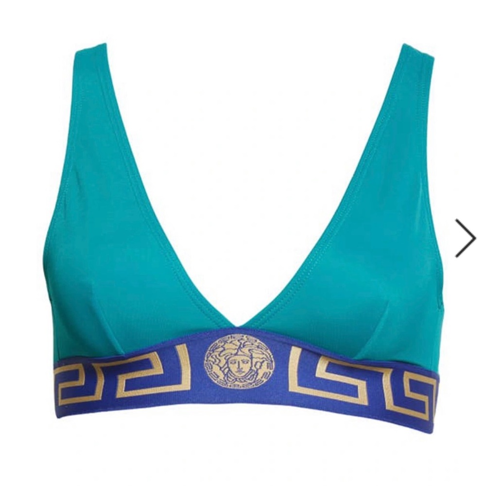 NWT VERSACE Greca Border Triangle Top in Emerald/ Bluette + Greca Border Bottoms